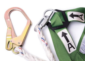 Closeup fall protection harness and lanyard for work at heights